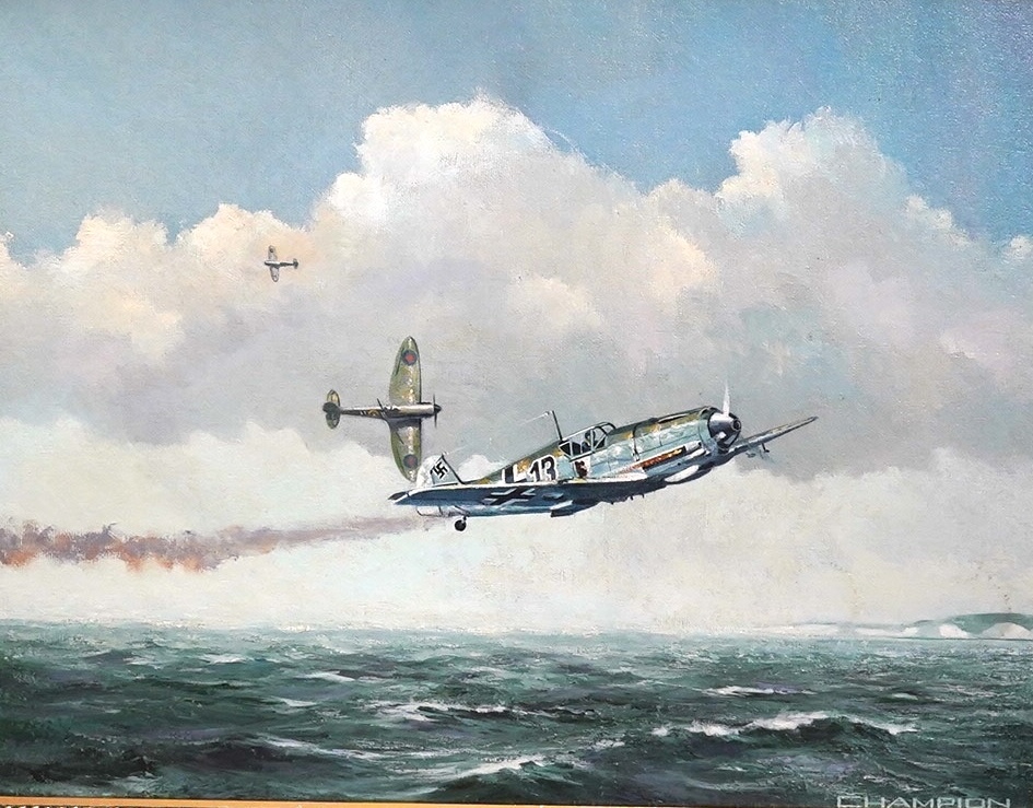 Champion, oil on board, ‘Spitfire chasing a Messerschmitt 109’, signed, 34 x 44cm. Condition - fair to good